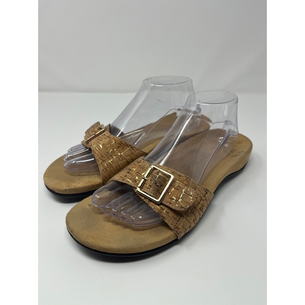 Vionic Santos Cork Metallic Buckle Slide Sandals Women 10 Tan Gold Orthopedic